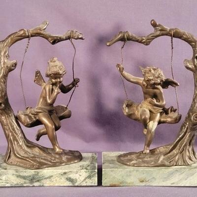 Vintage Brass Cupids Swinging Marble Base Bookends
