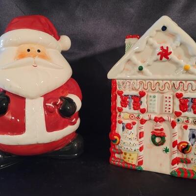 (2) Ceramic Christmas Cookie Jars in Red & White