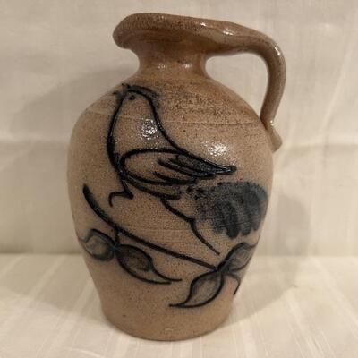 Vintage Hand Made Salt Glaze Pottery Jug, USA with Bluebird