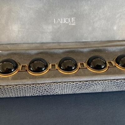 Lalique Gild Tone and Onyx Bracelet 6 1/2 Inch