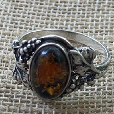 Sterling Silver and Amber Ring Size 9.5