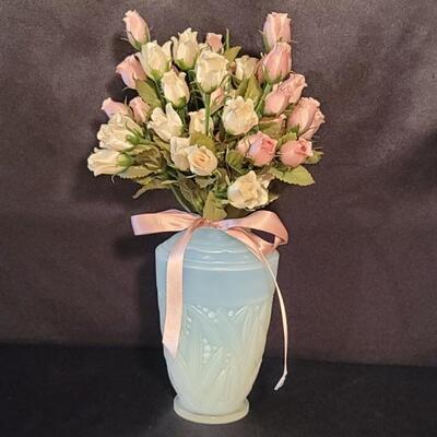 Sabino French Art Deco Opalescent Glass Vase with Silk Flower Arrangement, as pictured