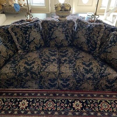 Blue Floral Upholstered Rolled Arm Sofa w/ Pillows