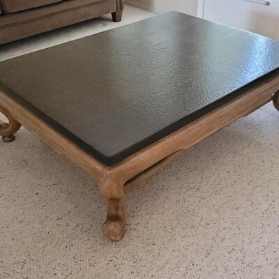 CoffeeTable w/ Wood Base-Crackled Faux Leather Top