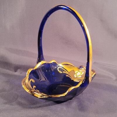 Vintage Art Glass Cobalt Blue & Gold Trim Basket