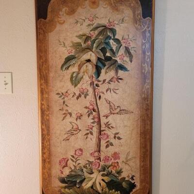 Paint on Wood of Palm Tree with Birds & Fauna