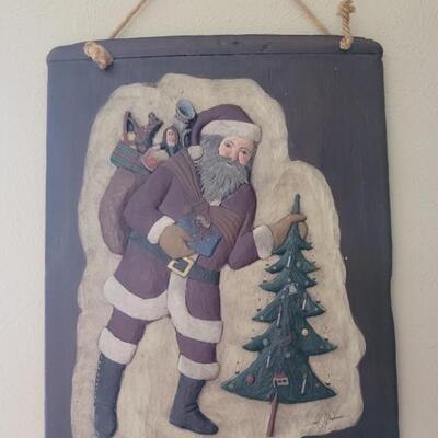 Signed Christmas Carved & Painted Wood Wall Decor