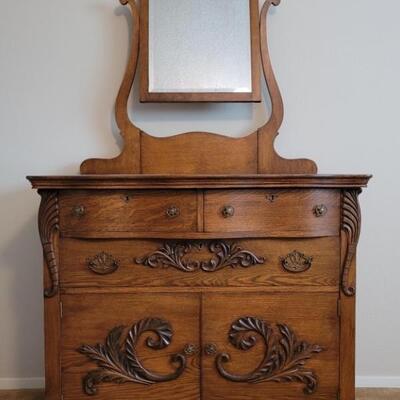 Antique Carved Oak Dry Sink with Mirror