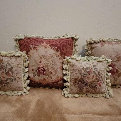 (4) Crocheted Floral Rose Tapestry Throw Pillows