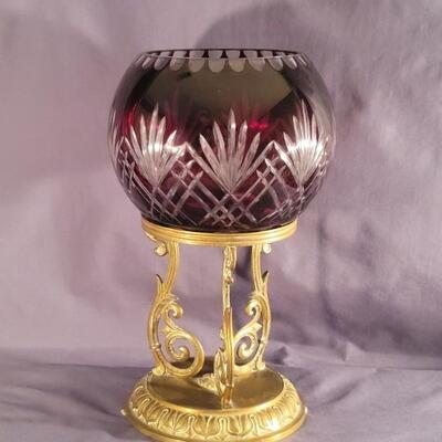 Bohemian Ruby Red Cut to Clear Rose Bowl on Stand
