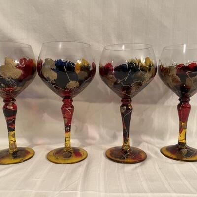 (4) Colorful Art Glass Goblets / Wine Glasses