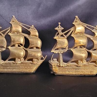 (2) Brass Bookends - Spanish Galleons