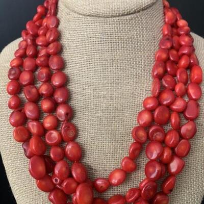 Sterling Silver & Coral Necklace - Four Strands