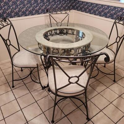 Glass Top Table on Metal Base & Stone Accent & 4 Chairs, 1 of 2 lots in this set
