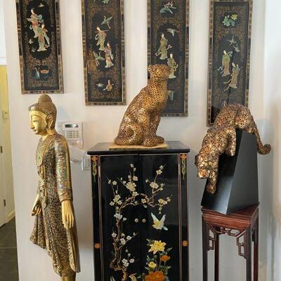 Oriental themed furniture and wall panels with mother of pearl  