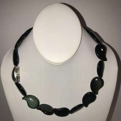 14K White Gold clasp , paisley shaped obsidian