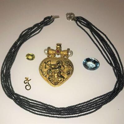 14K Pearl & Ruby Pendant , gemstones and pearl strands 