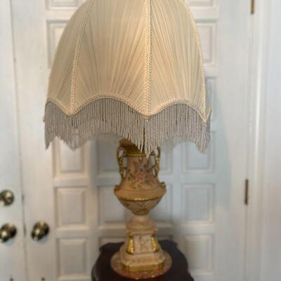 Beaded Parasol Shade on Victorian Porcelain Lamp 