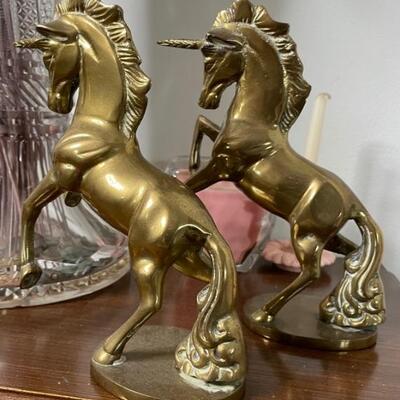 Vintage Solid Brass Unicorn Set on pedestals 