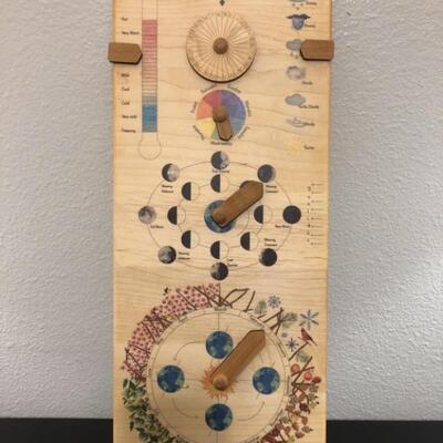 NIB Mirus Toys Wooden perpetual calendar with
seasons, moon phases, months, days and weather. One of three in this sale.