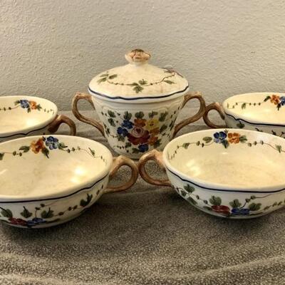 Antique Longchamp Nemours lidded sugar bowl and 4 fruit bowls. This French enameled china, discontinued in the 1970's, was a family...