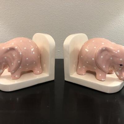 Pink Polkadot Ceramic Baby Elephant bookends for children’s nursery.