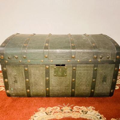 Green Tooled Leather and Metal Traveling Trunk