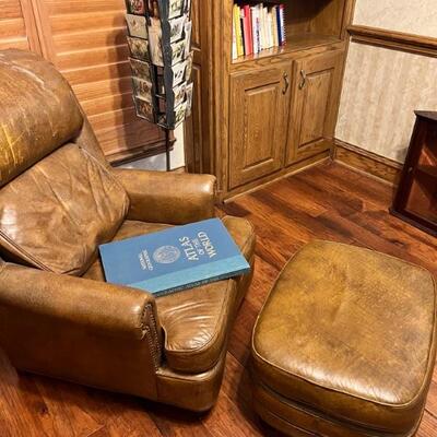 Club chair and ottoman, antique postcard stand