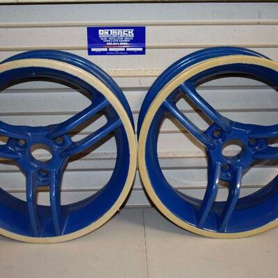 2 Blue Three Lug Nut Wheels 14 x 5T Pair