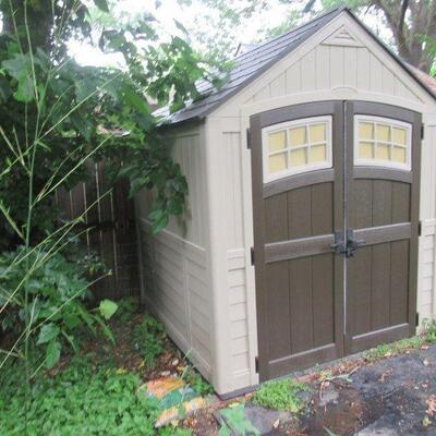 SUNCAST SUTTON 7 X 7 FT. METAL AND RESIN STORAGE SHED, SAND BROWN SUPPLIES, SHELVES INCLUDED