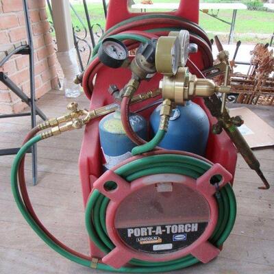 LINCOLN ELECTRIC PORT-A-TORCH KIT WITH OXYGEN AND ACETYLENE TANKS WITH EXTRA TORCH AND HOSES