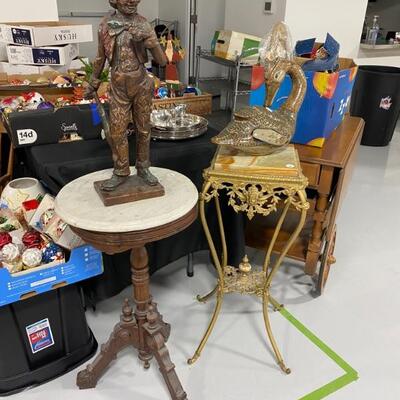 Marble Top Accent Table, Marble top Plant Stand, Gold Tone, Clown Statue, Terracotta Duck (Mexico)