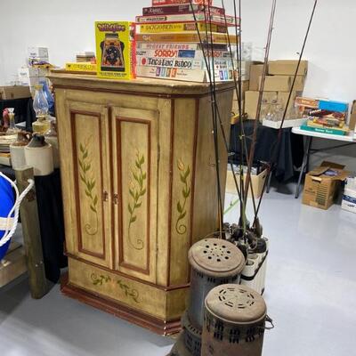 Primitive Style Cabinet, Board Games, Heaters, Fishing Poles with Reels