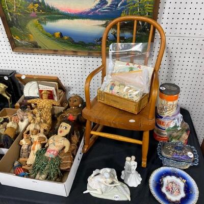 Child's Rocking Chair, Travel Dolls, Porcelain Figures, Carnival Glass Dish