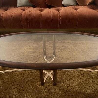Glass, brass, and wood coffee table and two end tables were purchased together to match Italian sofa and chairs