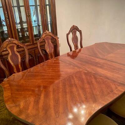 Wood dining table and six chairs (table can seat eight easily with leaf)