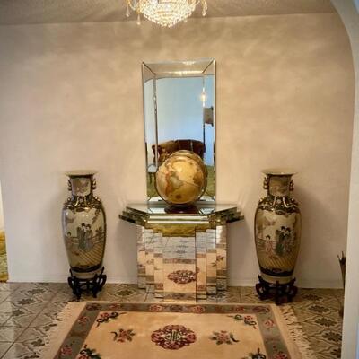 Contemporary (Art Deco?) mirrored entry table with matching wall mirror. Two tall, matching ginger jars on either side. 