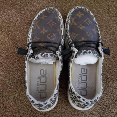 #1238 â€¢ Hey Dude Louis Vuitton Logo Slip-Ons US size 7