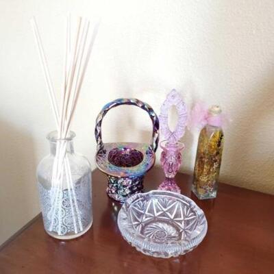 #1204 â€¢ Decorative Items ncludes Glass Ashtray, Glass Perfume Bottle, Metal Basket, and More