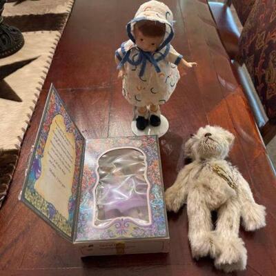 #1432 • Vintage Dolls: Includes Cottage Collectibles Bear, Marie Osmond Porcelain Doll, and More.