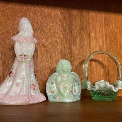 #1422 • 2 Fenton Porcelain Figurines and a Glass Basket