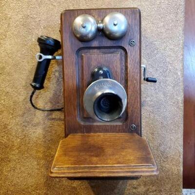 #1584 • Vintage Hand Crank Telephone Solid Oak All Original