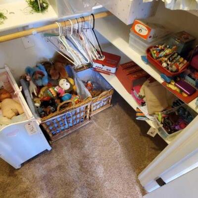 #1734 • Baby Crib, Toy Basket, Dolls, And Stuffed Animals. Hangers not included. 