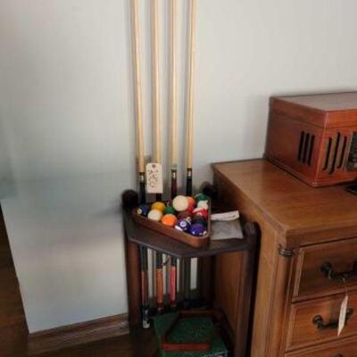 #2406 • Pool Cues, Pool Balls, Pool Cue Stand, And More
