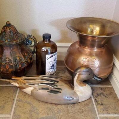 #1359 â€¢ Wells Fargo Spittoon, Wooden Duck, Vase, and More