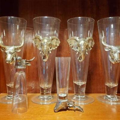 #1578 • Arthur Court Elephant & Bull Drinking Glasses and Deer Shot Glasses