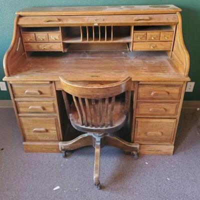 #3000 • Oak Craft Roll Top Desk And Chair. Desk Measures Approx: 54