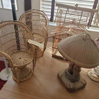 #2816 â€¢ Bird Cage, Wicker Lamp, And Small Wicker Chairs 