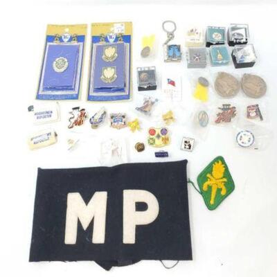 2060	  Pins, Keychain and Patches Includes Military Police School Patches, Hughes Pins, MP Corps. Sc