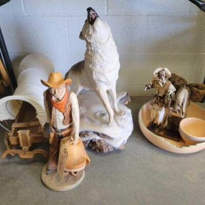 #3564 • Wolf Statue, Vintage Model Wagon, Figurines, And Bowls